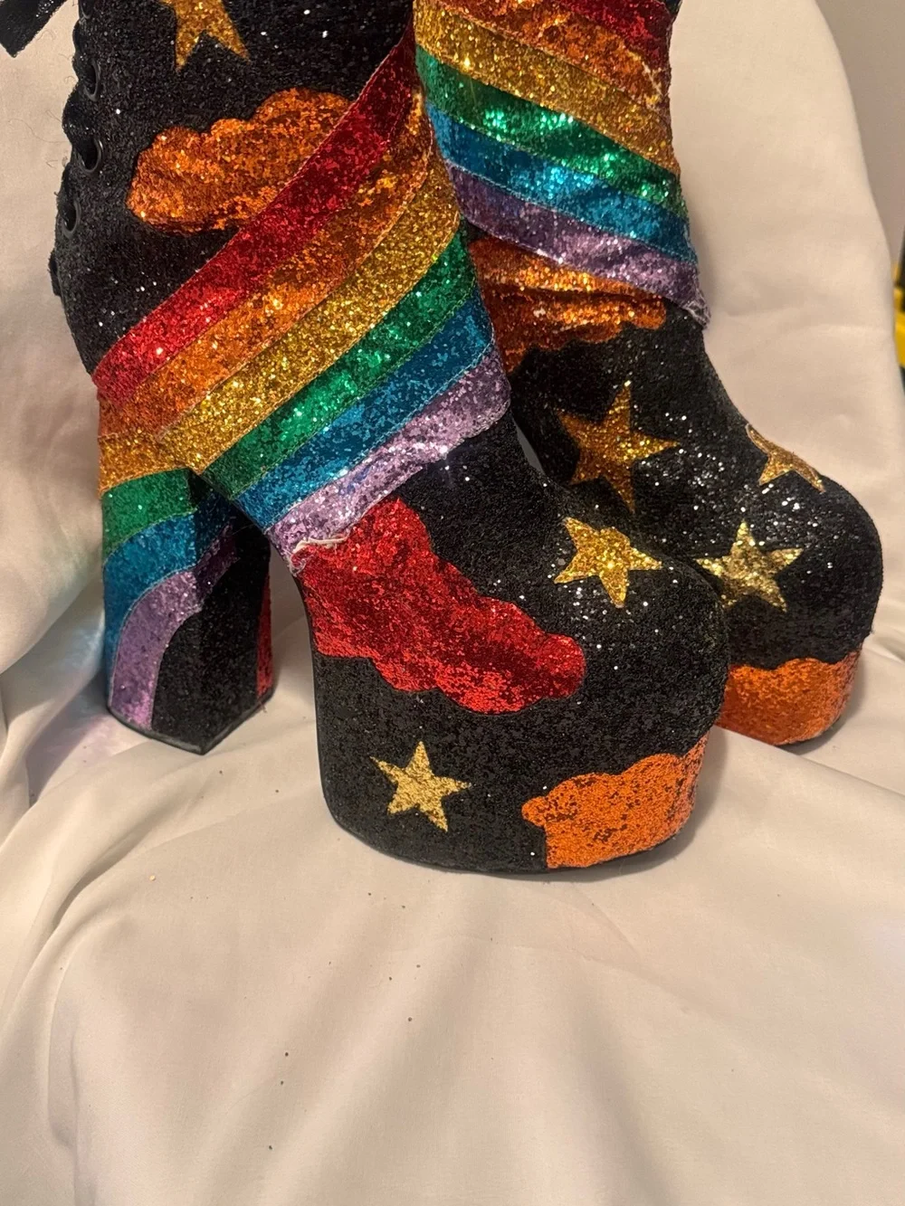 Dolls Kill Stars and Stripes black glitter platform lace back boots size 11